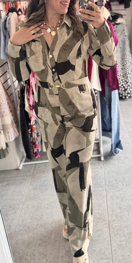 V Neck Jum Suit Verde Olivo