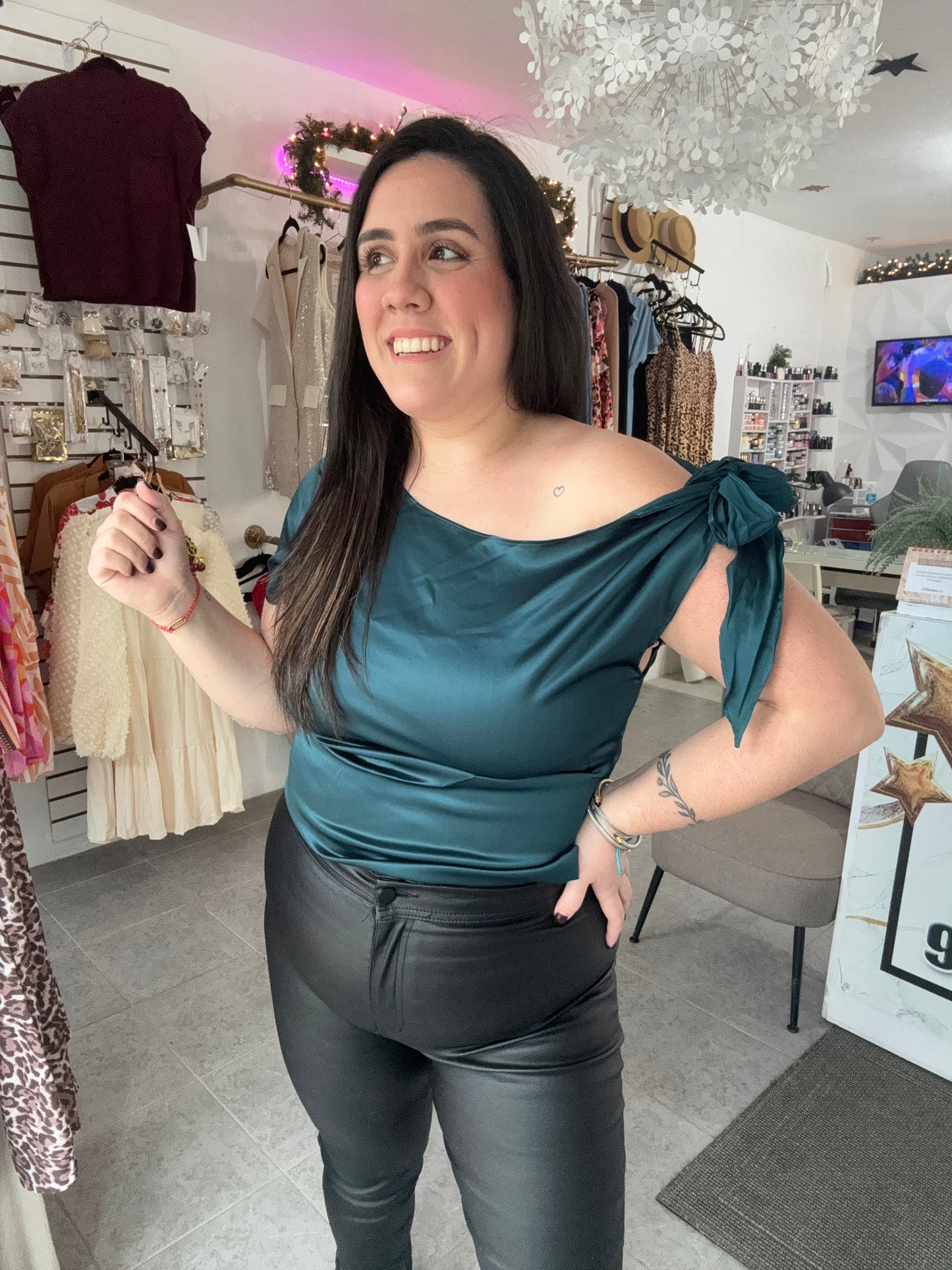 Green satin blouse coquette
