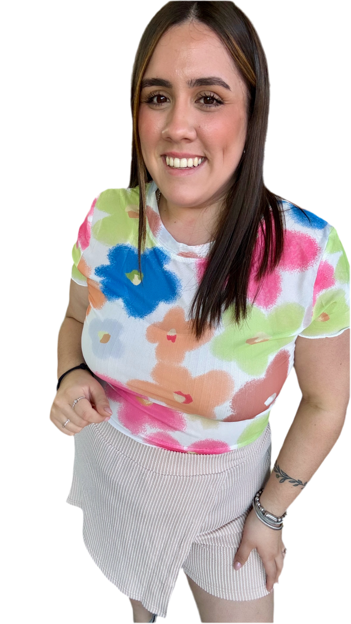 Multicolor floral mesh cropped top