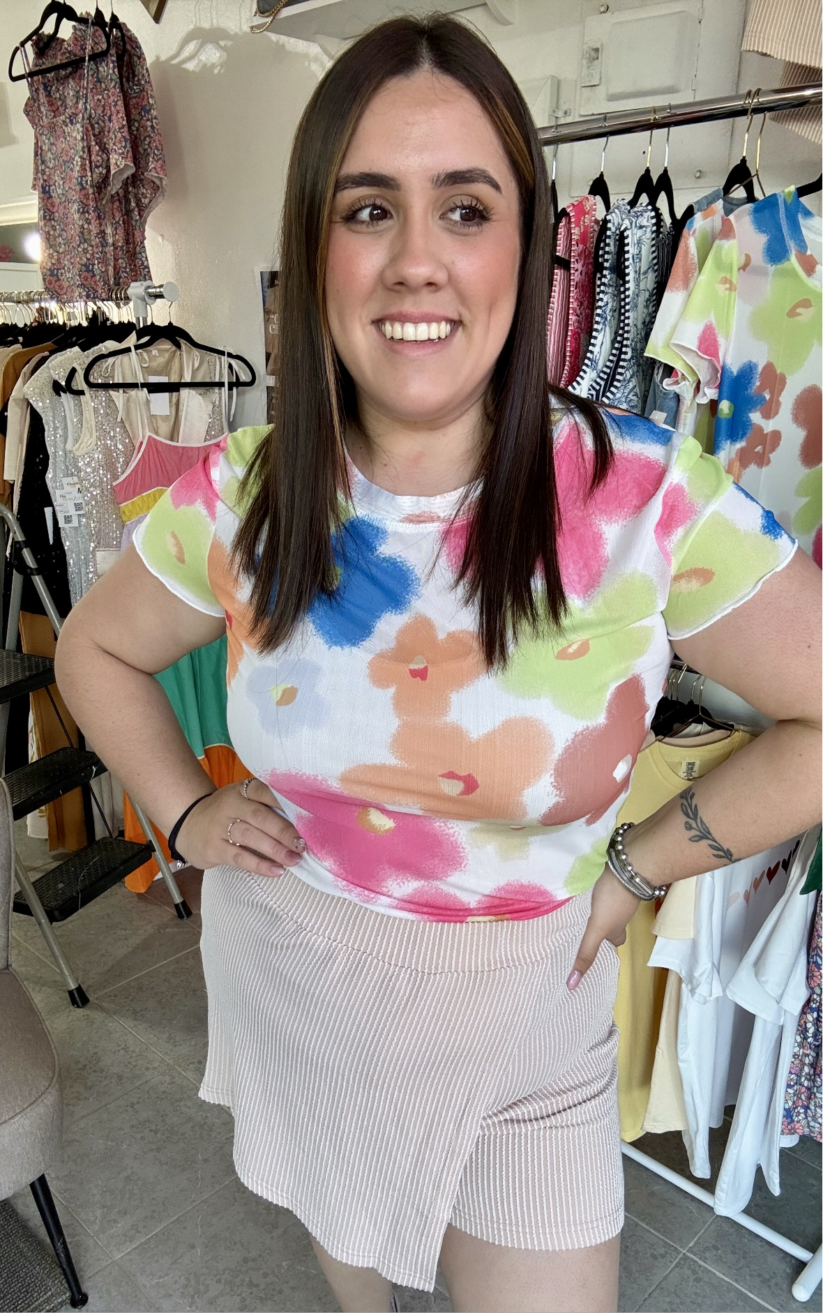 Multicolor floral mesh cropped top