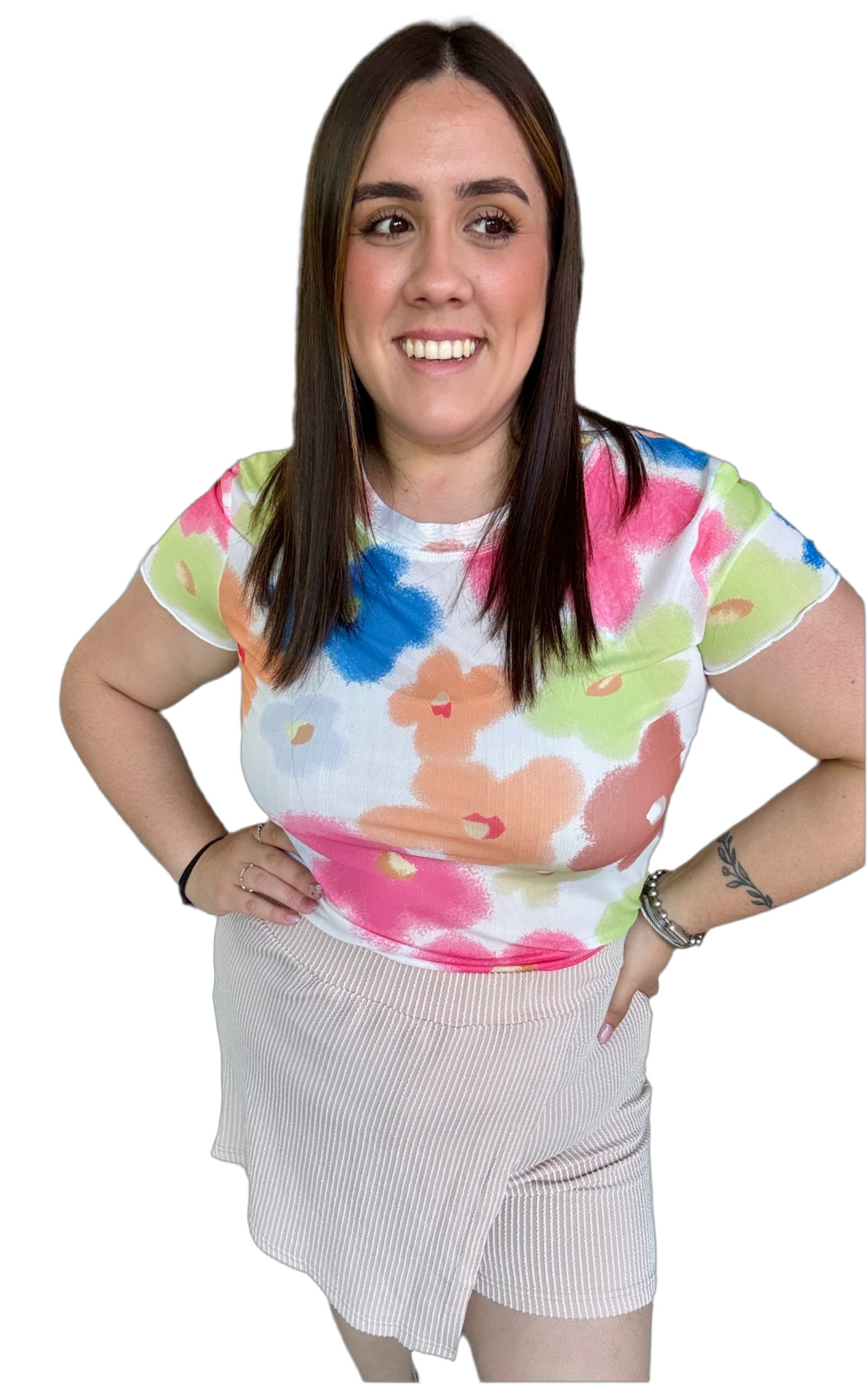 Multicolor floral mesh cropped top