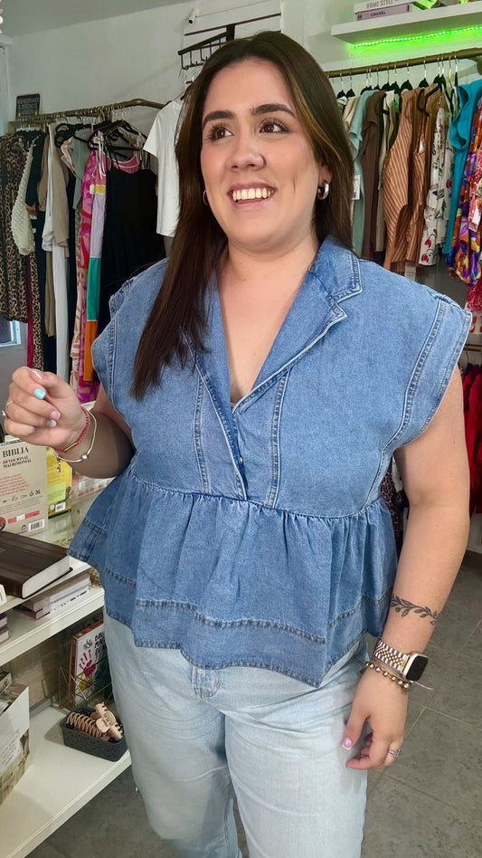 Blue denim babydoll top