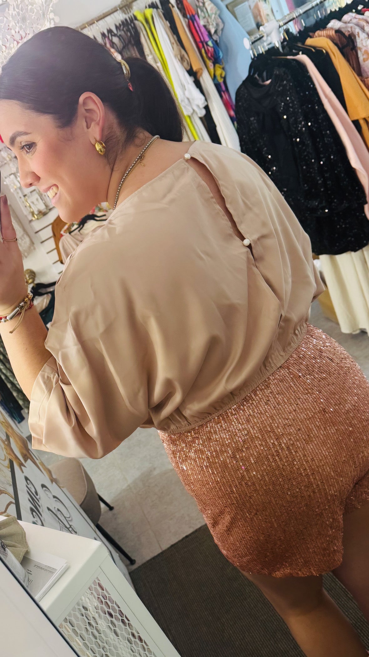 Sequin Romper Beige satin