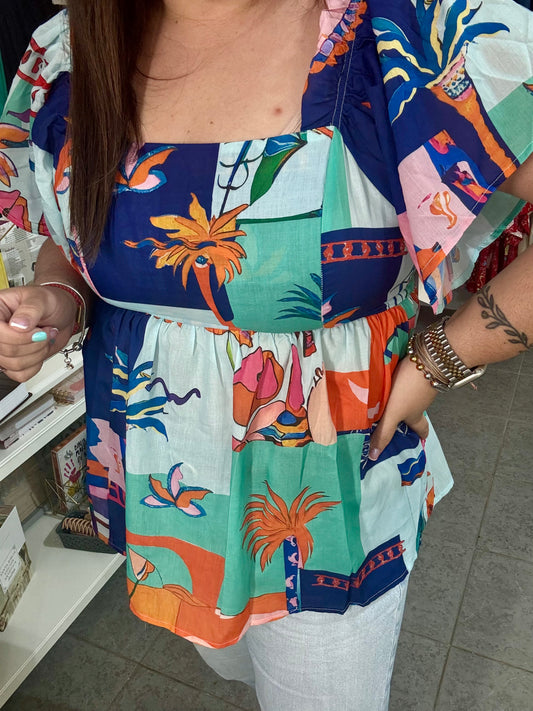 Sky blue tropical print babydoll blouse