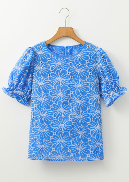 Blusa Bordada Flores Azul