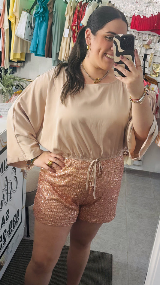 Sequin Romper Beige satin