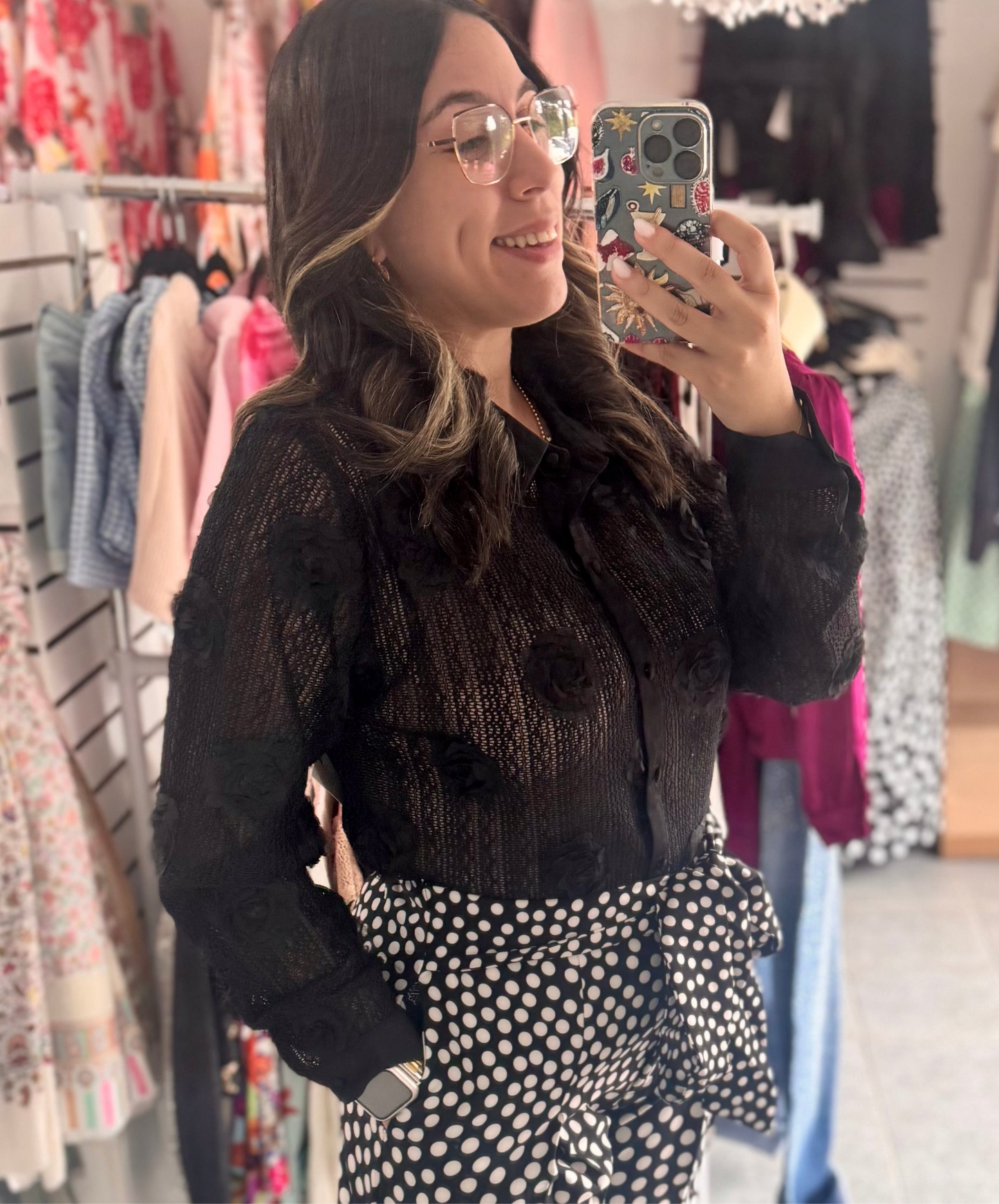 Black 3D Flower Botton Down Top