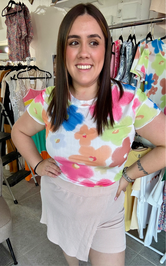 Multicolor floral mesh cropped top