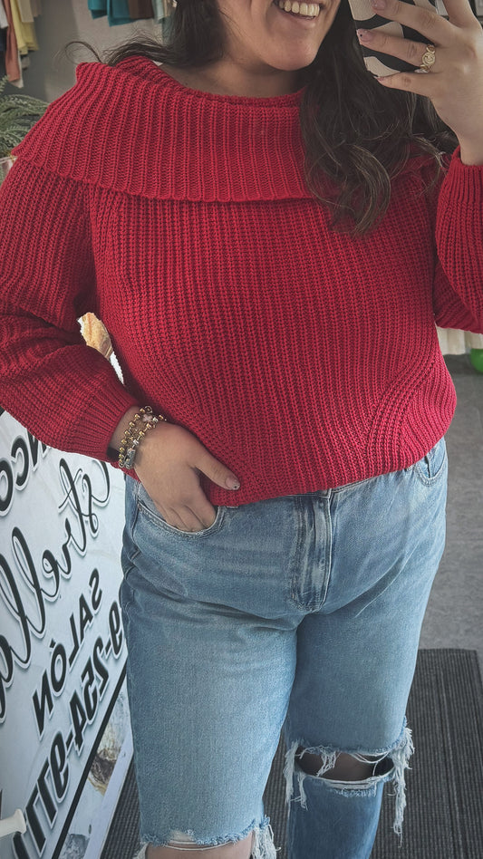 Off the shoulder red knit suéter