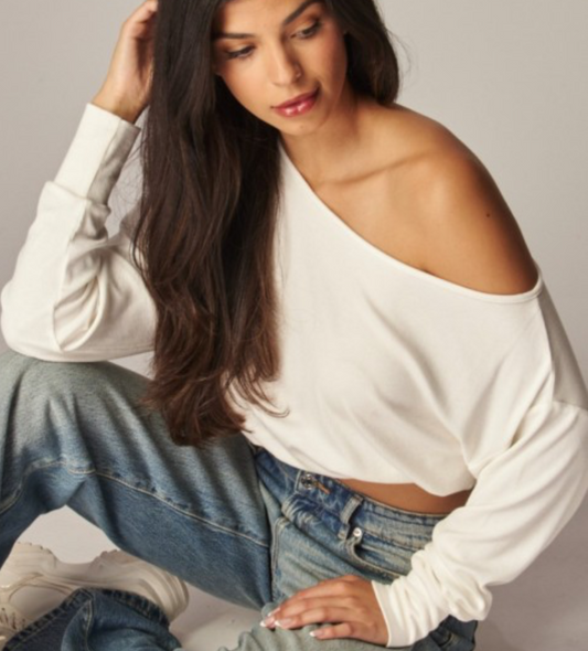 Long Sleeve Top Off Shoulder White