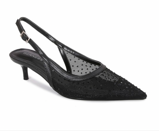 Black Mesh rhinestone slingback kitten heel